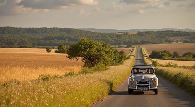 Antiguo coche Citroën en un paisaje francés.