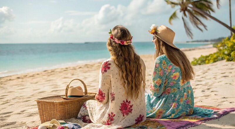 Dos hippies sentados en una playa.